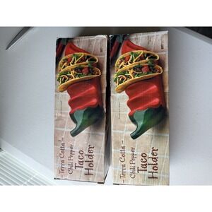 2 Chili Pepper 4 Taco Holder Terra Cotta Hand Painted Red Green‎ 10.5"  C14